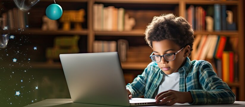 Black child doing online studying with tablet at home Concept technology education student e learning