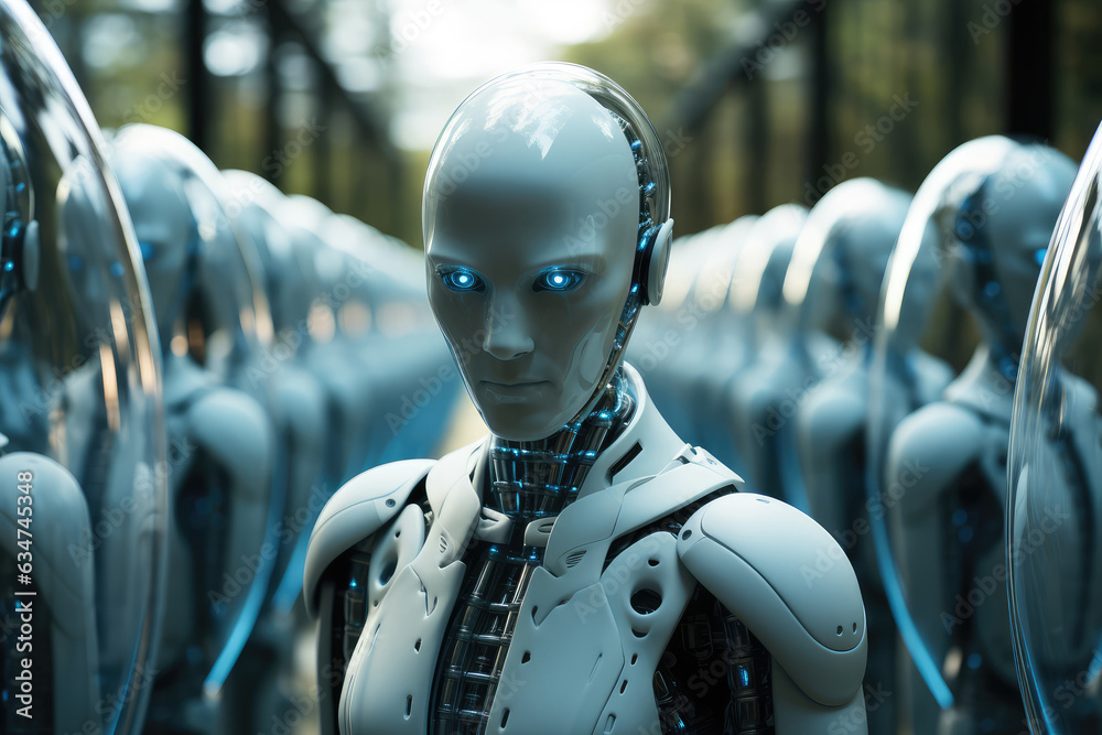 Poster humanoid robot in a row of robots in the factory
