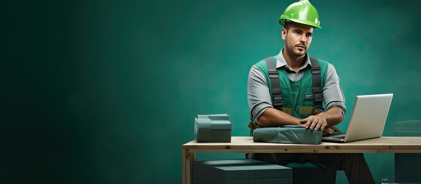 Composite image of a caucasian architect using a laptop in workwear with copy space on a green background emphasizing safety and wireless technology
