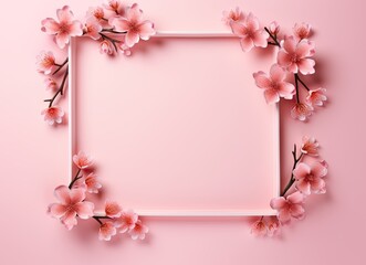 Obraz na płótnie Canvas Beautiful pink hydrangea flowers, white wooden photo frames on pink background top view flat lay copy space. Flower card.