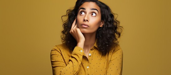 Worried confused Hispanic woman doubting looking up