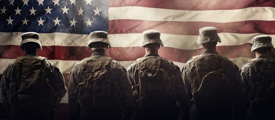 Soldiers and flag of America celebrate Veterans Day