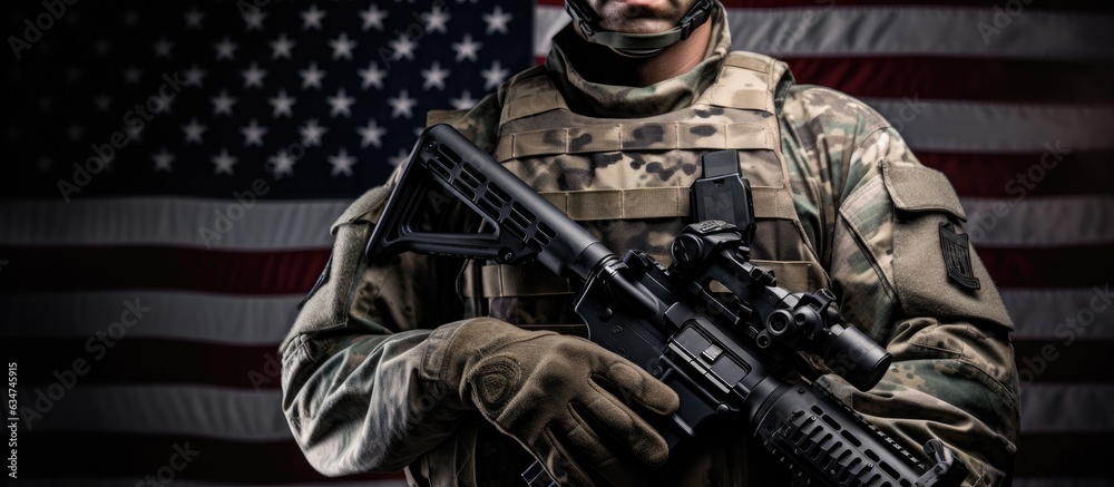 Wall mural Composite of Caucasian soldier holding gun on black background Celebrating armed forces military honor and patriotism