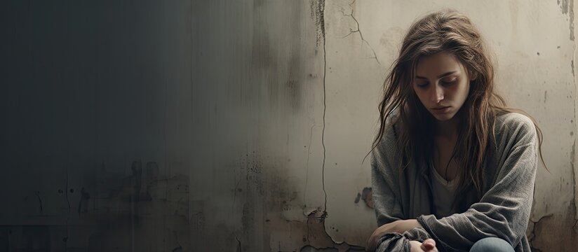 Depressed young widow leaning on wall copy space Awareness and support for grief and loneliness - Powered by Adobe