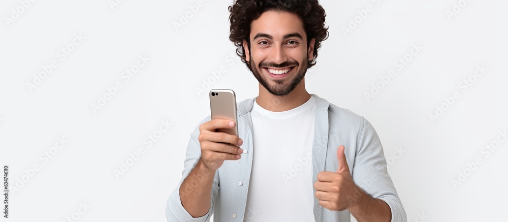 Aufkleber 25 year old middle eastern man smiling and making the ok sign while holding a smartphone in front of