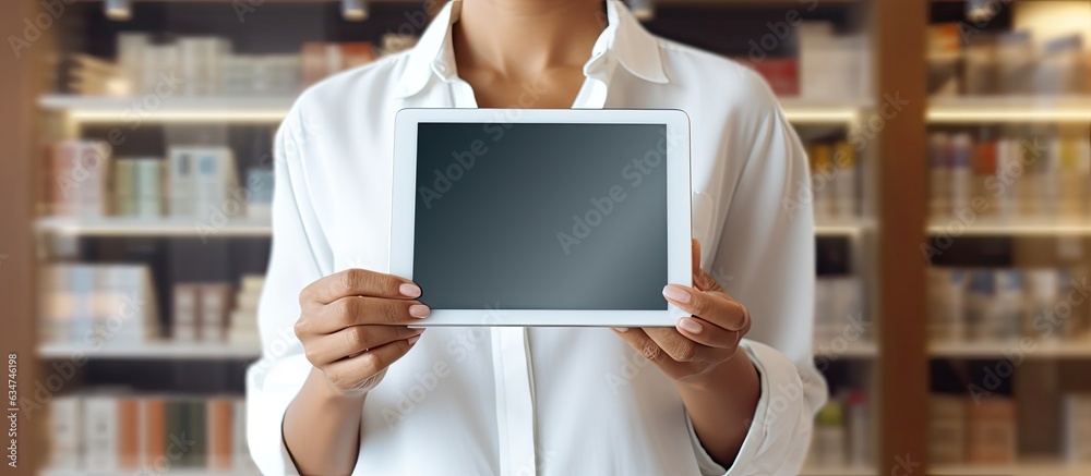 Aufkleber woman using digital tablet for online shopping communication and work at home or office with empty a