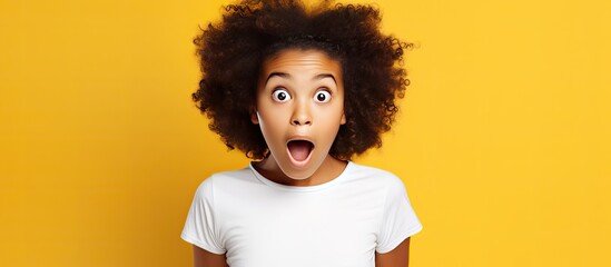 Surprised black teenage girl in white t shirt near banner isolated on yellow background studio...