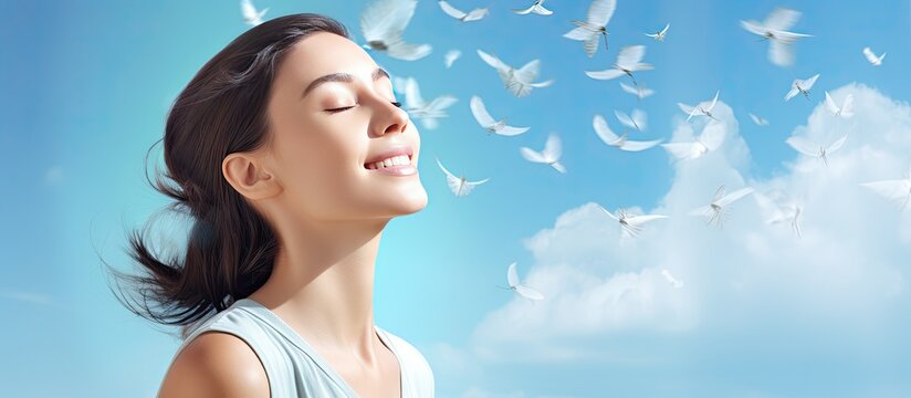 Caucasian woman stretching arms and enjoying a carefree bank holiday under a clear blue sky