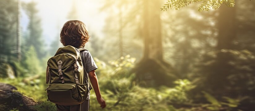 Caucasian boy exploring forest on National Public Lands Day emphasizing conservation volunteering and nature enjoyment - Powered by Adobe