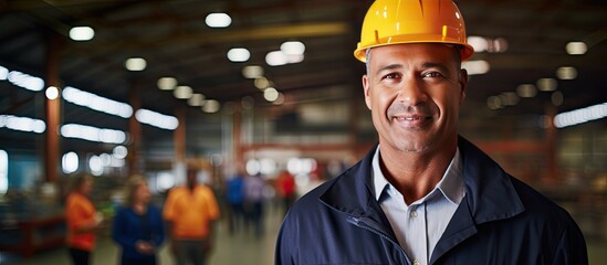 Composite image of a biracial mature male manager in a warehouse portraying safety and protection in his occupation