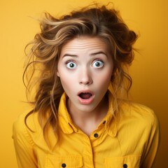 Naklejka premium Portrait of a surprised woman with big eyes and an open mouth. Closeup face of an amazed Caucasian adult girl on a yellow background. Astonished European grownup in a yellow shirt looking at camera.