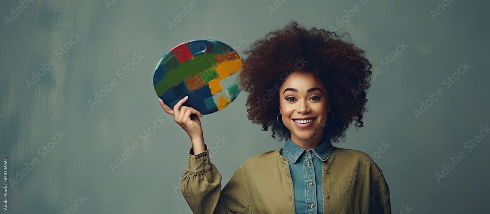 Aufkleber excited african woman holding painter palette pointing aside with open palms showcasing copy space f