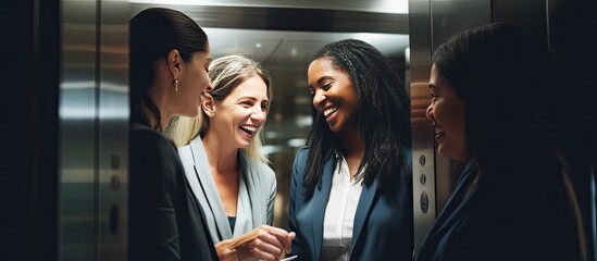 Multiracial businesswomen discussing in elevator celebrating convenience