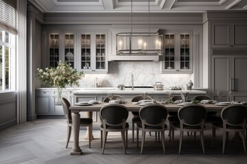 Modern style luxury kitchen interior with dining table, featuring a classic grey and white color scheme.