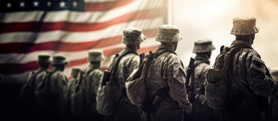 Soldiers and flag of America celebrate Veterans Day