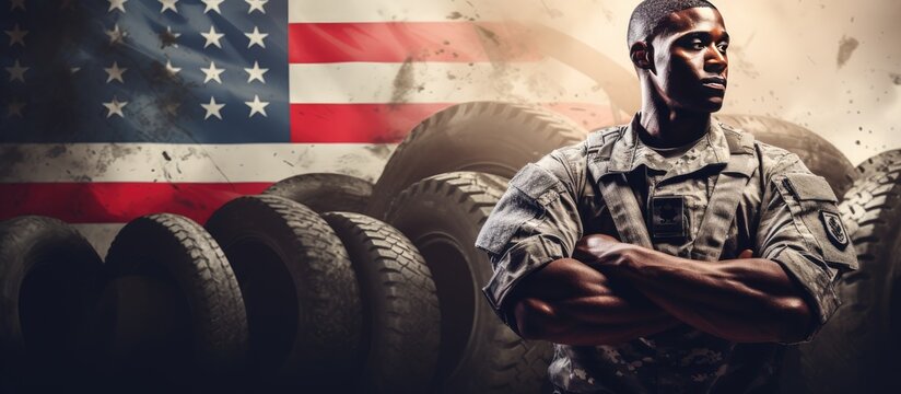 African American army soldier lifting tire armed forces day text armed forces celebration honor patriotism fitness concept