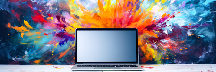 Laptop Mockup auf Ölfarben Hintergrund. Generiert mit KI
