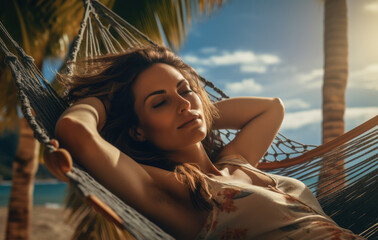 Sexy young woman relaxing on a hammock while on holidays. Generative AI.