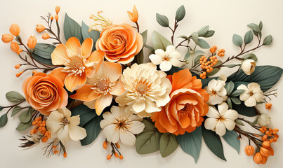 Blossoming orange branch with fruits in vintage style.