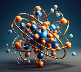 3d Design images that depict the fundamental components of an atom, including protons, neutrons, and electrons, with their respective charges and positions within the atom. Generative AI, illustration