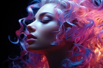 Portrait of a beautiful young woman with neon colored hair. Generative AI