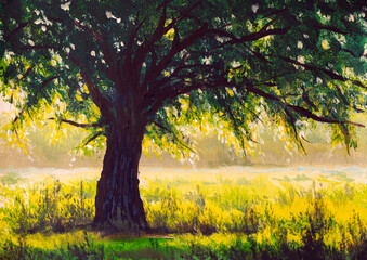 A large oak tree on a sunny summer day, an oil painting of a spring landscape.