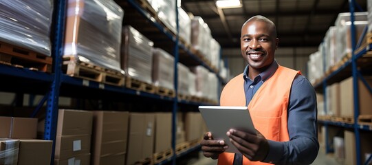 Fototapeta na wymiar Warehouse accounting and bookkeeping. A middle-aged African American man stands in a warehouse with a papers and checks the statements for the presence of goods. He smiling and looking at camera.