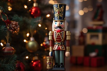 Wooden nutcracker on the background of a Christmas tree. Wooden, children's, Christmas toy. Close-up.