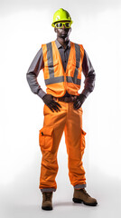 Industry Worker Man manager standing with folded arms wearing safety helmet on white isolated background. Generation AI