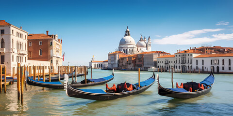 Fototapeta na wymiar Concept romantic travel banner. Canal with gondolas in Venice, Italy. Generation AI.