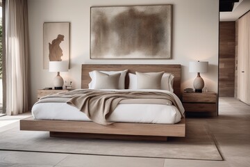Neutral bedroom with stylish wooden bed and elegant decor accessories.