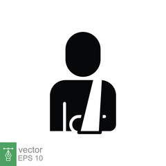 Injured man in bandage icon. Simple solid style. Broken arm, patient, injury, person, wound, medical concept. Black silhouette, glyph symbol. Vector illustration isolated on white background. EPS 10.