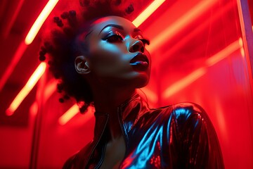portrait studio shot african american model woman female in lates suit red background neon light ambient woman with makeup stylish hais style and glamour photo shooting fashion concept,ai generate © VERTEX SPACE