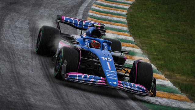 Alpine F1 car running at rain - 3D Illustration, 12 Aug, 2023, Sao Paulo, Brazil.