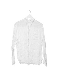 Crumpled shirt on hanger against white background