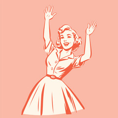 retro cartoon illustration of a happy woman raising her hands - 634750375