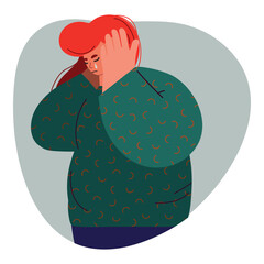 Vector illustration of sad crying woman covering her head. Fatigue, loss, headaches, psychological problems, psychological problems
