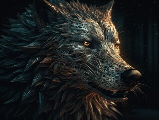 Fantasy wolf head on a black background created with Generative AI technology