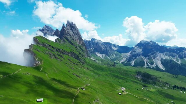 Aerial footage of Seceda in South Tyrol, Dolomites, Italy