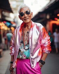 Fototapeta premium Portrait of Senior adult in colorful modern fashion and fun concept
