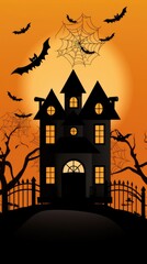 Halloween Illustration Featuring the Silhouette of a Haunted Framed by the Reddish Orange Sunset