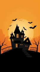 Fototapeta na wymiar Halloween Illustration Featuring the Silhouette of a Haunted Framed by the Reddish Orange Sunset