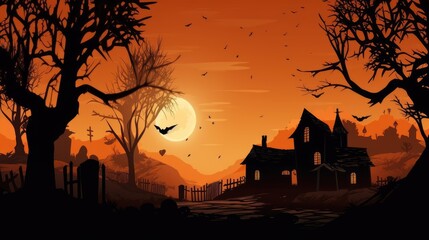 Halloween Illustration Featuring the Silhouette of a Haunted Framed by the Reddish Orange Sunset