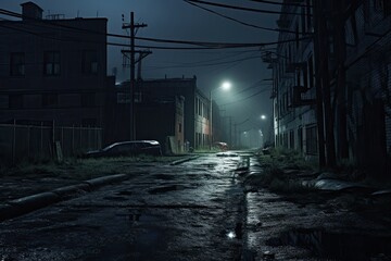 Abandoned urban street at night, eerie darkness, haunted alleyway, vintage cityscape. - obrazy, fototapety, plakaty