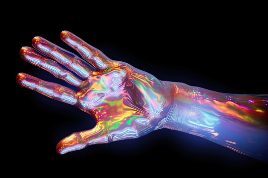 Abstract technology. Holographic hand in dark, metallic abstraction. Blue cyber glow, black background.