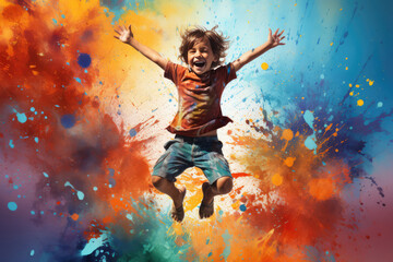 Fototapeta na wymiar Beautiful Happy Child Jumping On Colorful Background. Happy Child, Colorful Background, Photography, Joy, Expression, Emotion, Playful, Fun