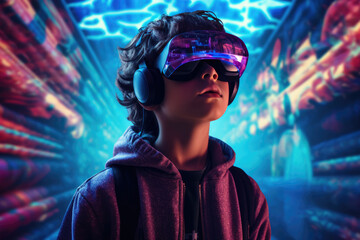 Boy In Vr Glasses With Neon Lights. Vr Gaming, Neon Lights, Social Interaction, Vision Impairment, Youth Culture, Video Game Culture, Artificial Intelligence, Augmented Reality - obrazy, fototapety, plakaty