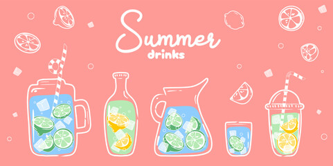 Lemonade. Vector illustration of homemade lemonade. Hand drawn. Set of summer citrus drinks with ice in flat style.