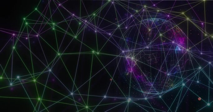 Animation of network of connections with glowing nodes over black background