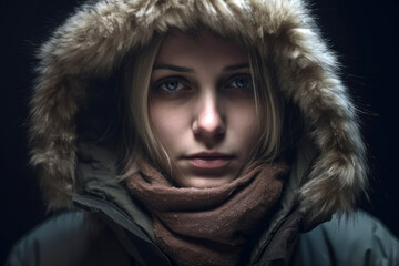 Nachdenkliche junge Frau trägt eine Jacke mit Kapuze - obrazy, fototapety, plakaty